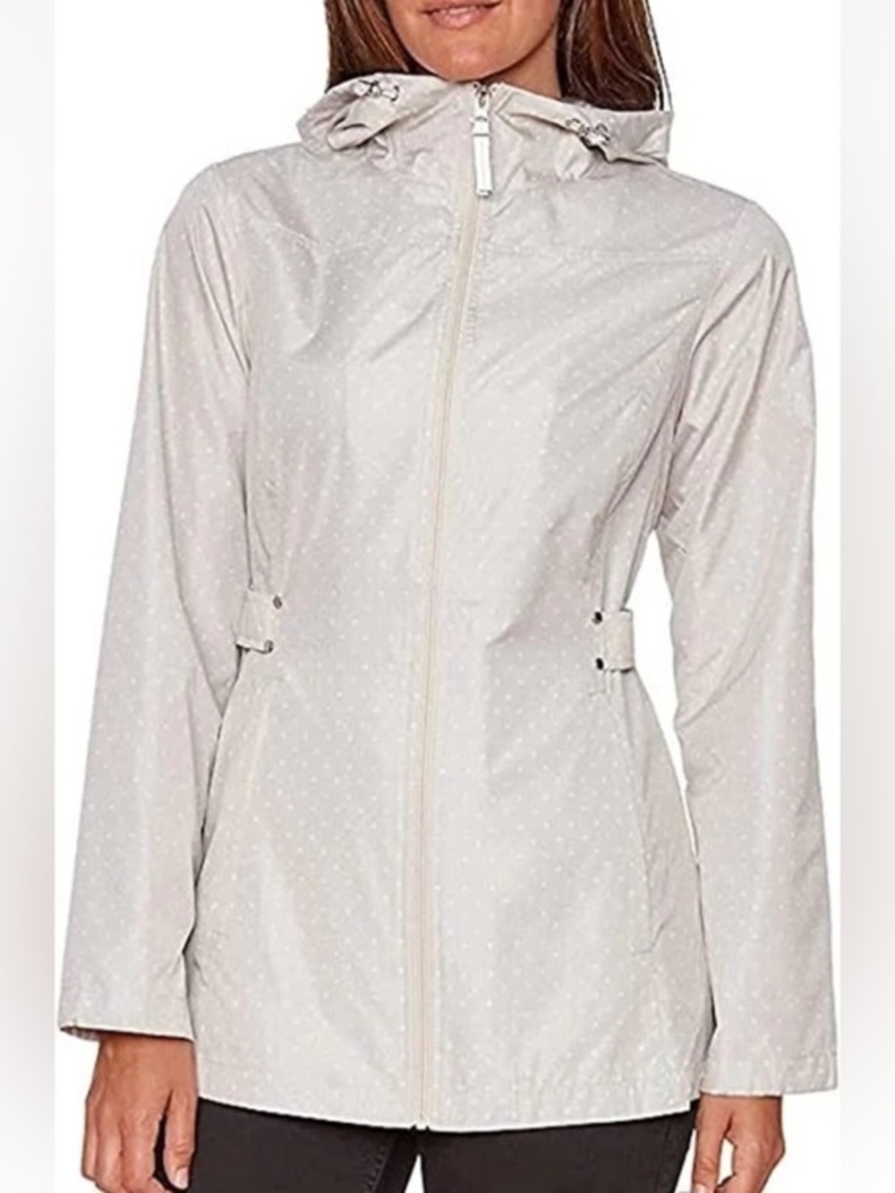 Jones New York Women’s Rain Jacket Parka In A pocket windbreaker Beige Polka Dot